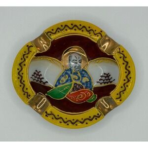 Vintage Japanese Satsuma Moriage Porcelain Ashtray Immortal Figure Gold Trim